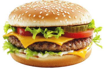 Delicious cheeseburger with lettuce, tomato, pickles, and sesame seed bun on transparent background