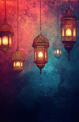 Obraz premium Muslim Holy Month Ramadan Kareem - Ornamental Arabic Lantern With Burning Candle Glowing At Evening