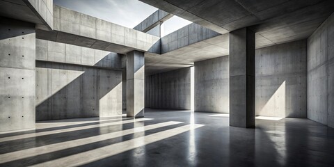 Obraz premium Modern Concrete Architecture Sunlit Interior Space with Geometric Design Elements and Strong Vertical Columns