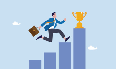 Businessman professional step up growing bar graph to win the trophy, achievement or prize, success or victory, challenge or business mission, career goal or stair to success concept, Business winner.