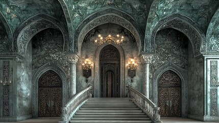 Fototapeta premium Grand staircase in a majestic, ornate palace interior with arched doorways, marble floors, and intricate wall designs.