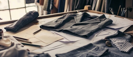 An elegant suit jacket lies on a cluttered design table, surrounded by sketches and fabric swatches, evoking a sense of bespoke craftsmanship.