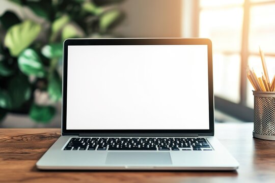 Laptop with blank screen on wooden desk, sunlight, office setting.