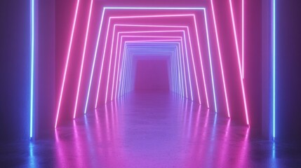 Fototapeta premium Futuristic Neon Lights Corridor with Reflections in Pink and Blue Hues