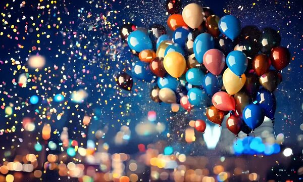 abstract backgrounds and bokeh, showcasing a midnight balloon drop to welcome the New Year.