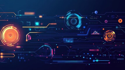 Futuristic circuit board interface with glowing neon elements.
