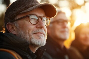 Smiling man enjoying sunset with friends in an outdoor setting