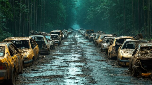 Rusty cars on an overgrown highway with trees and grass breaking through the concrete, a postapocalyptic view focus on, nature s path, dynamic, Blend mode, deserted road backdrop