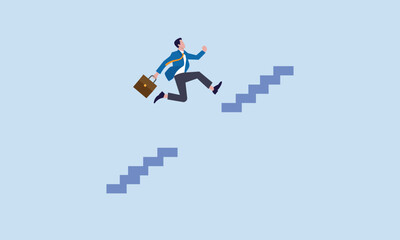Challenge and risk to success and win business competition concept, overcome difficulty or obstacle to grow career path, ambitious businessman jump pass broken stair gap to reach target.