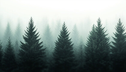 Misty forest landscape with tall evergreen trees creates a serene atmosphere.