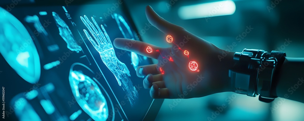 Poster futuristic hand with digital interface, showcasing advanced technology and innovation