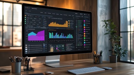 Modern office desk with computer screen displaying financial charts