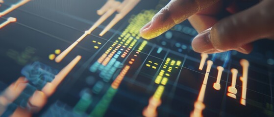 Fingers interact with a glowing digital interface, highlighting the tactile connection between human and technology.