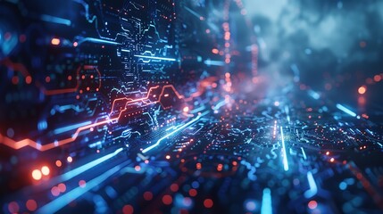 This photo depicts a striking abstract image of a digital technology background illuminated by multiple lightning strikes