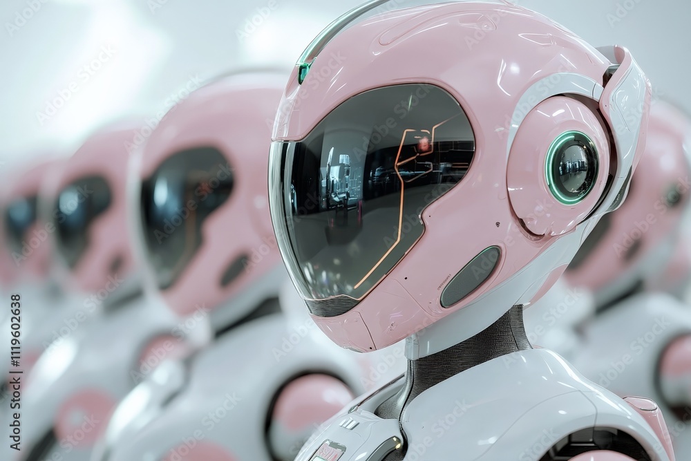 Poster robots with pink helmets lined up in a modern facility showcasing advanced technology and design