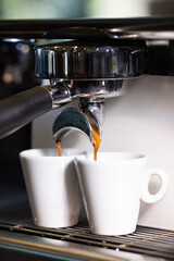 Preparation of espresso coffee at the bar, espresso coffee maker