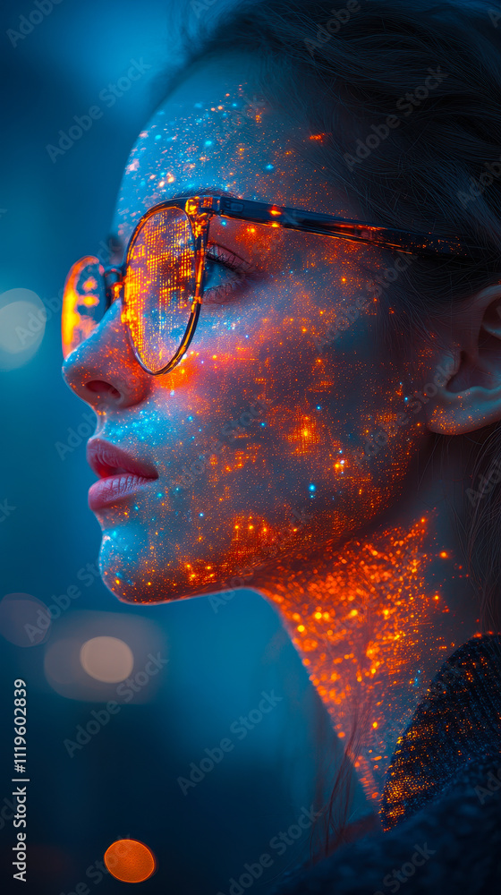 Poster futuristic analytics visualization with double exposure effect in business intelligence