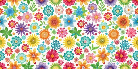Seamless pattern with colorful flowers on a white background, floral, repeat, design, ornamental, decoration, botanical, nature