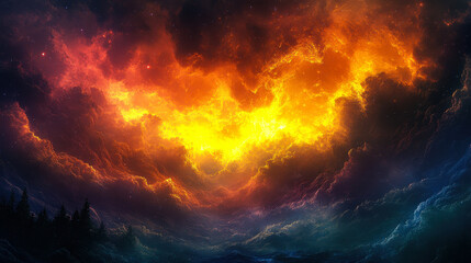 Fototapeta premium Fiery Cosmic Skies: Enchanting Celestial Landscape with Vibrant Sunset Hues