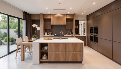 This contemporary kitchen showcases a mocha mousse color scheme with elegant wood panels. The space is bright and airy, perfect for cooking and entertaining. A central island complements the design