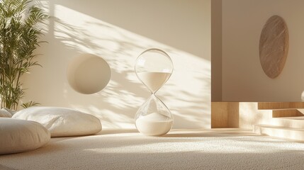 Serene interior decor with hourglass minimalist room natural light calming atmosphere