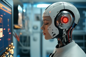 Fototapeta premium Futuristic robot with red lights interacts with advanced technology in a high-tech lab setting