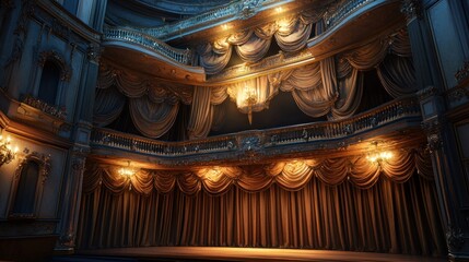 Obraz premium A grand theater interior with ornate decorations and a lit stage, ready for a performance.