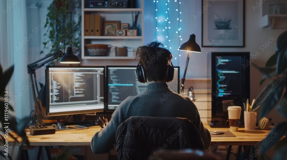 Poster developer updating artificial intelligence neural networks, drinking coffee and listening music in p