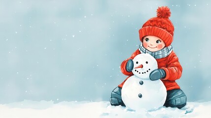 Fototapeta premium Watercolor Xmas Kids Decor, Child building a snowman outside, rosy cheeks and bundled in winter gear, watercolor style