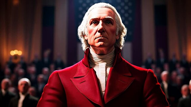 A historical reenactor in a red coat stands solemnly in a grand hall, symbolizing leadership and patriotism, ideal for Presidents' Day and Independence Day themes