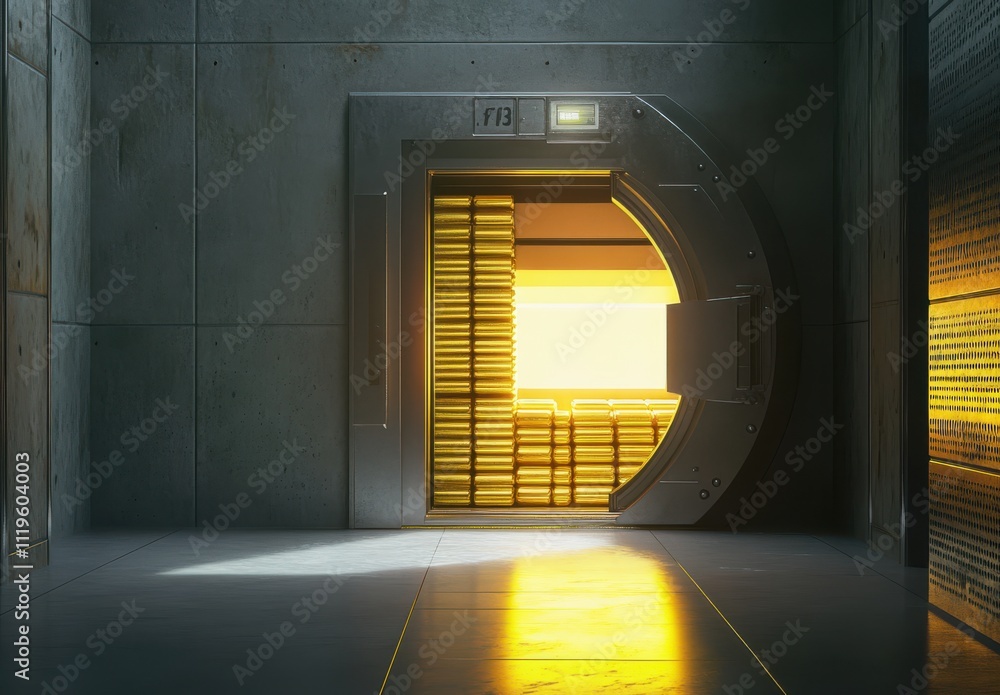 Aufkleber a dramatic view of a vault door opened to reveal rows of gold bars with soft natural light illuminat