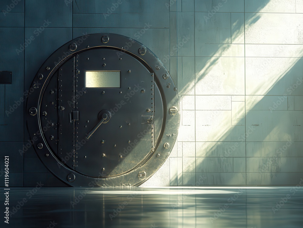 Poster a large metallic vault door set against a concrete wall with soft light streaming in, creating a mys