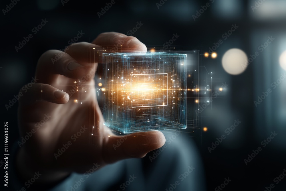 Aufkleber hand holding a transparent cube showing glowing digital data in a futuristic environment
