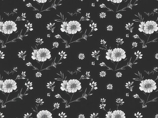Obraz premium Seamless charcoal small floral elements wallpaper with delicate blossoms and leaves, design, botanical