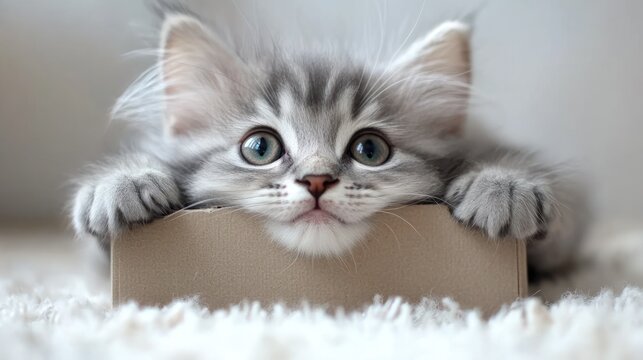 A playful gray kitten lounges on a cardboard box with big, curious eyes in a soft, bright space - Powered by Adobe