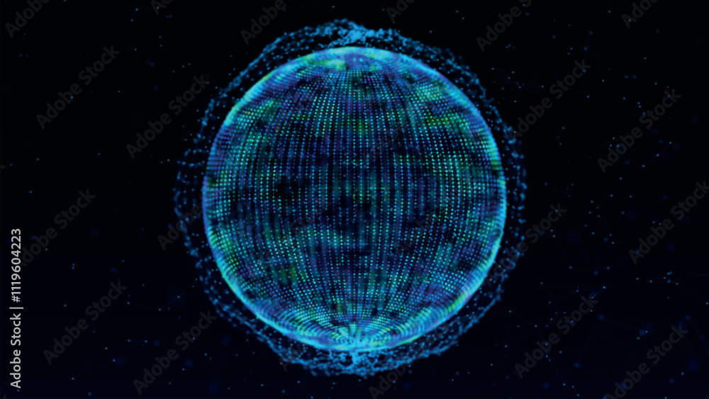 Poster abstract 3d sphere of neon dots and stripes. sphere of dots and lines on dark background. global net