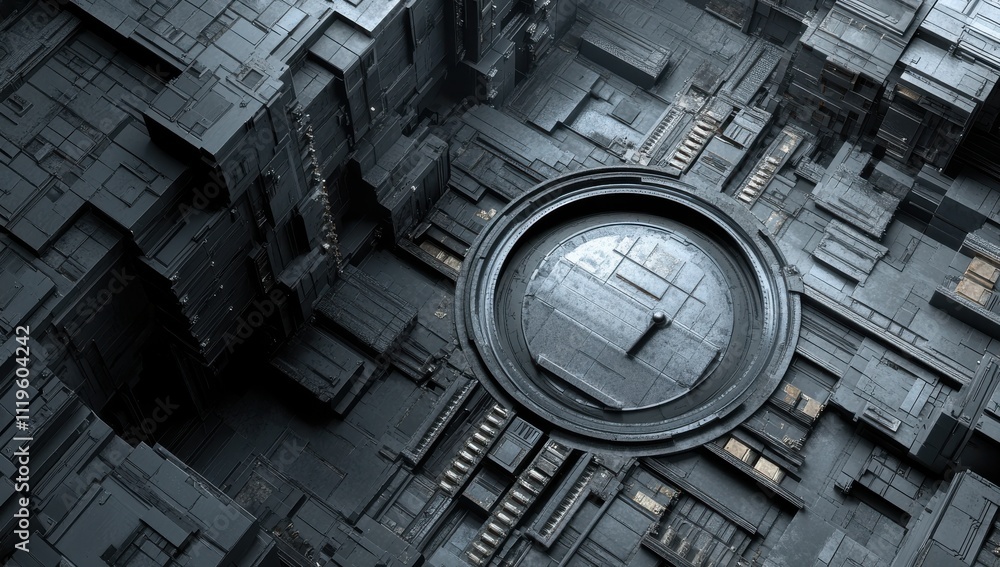 Poster abstract digital art of a dark futuristic space featuring geometric structures and circular elements