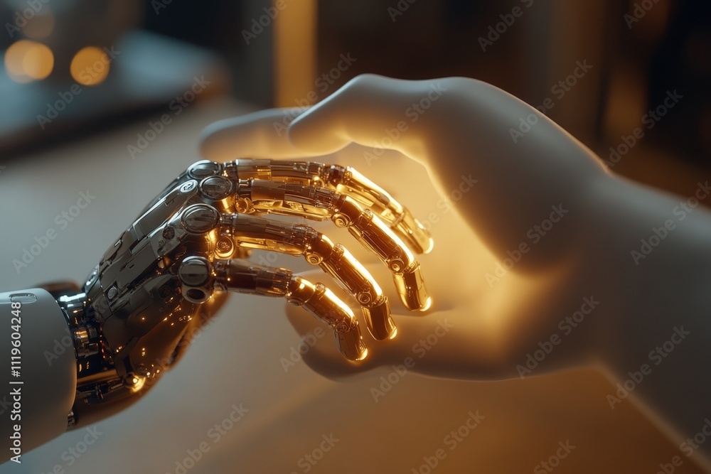 Poster human and robotic hands reach for each other, symbolizing connection and technological advancement i