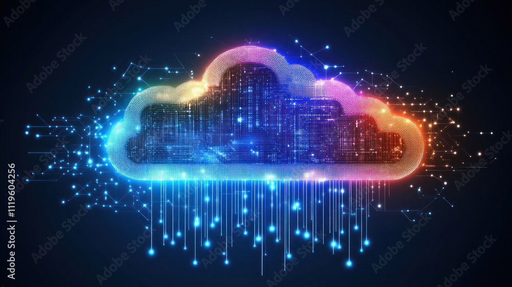 Poster a bright cloud symbol surrounded by dynamic data connections and vibrant colors creates a tech atmos