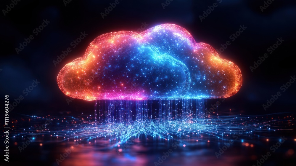 Poster colorful cloud structure emits bright streams of data in a dark, animated digital environment