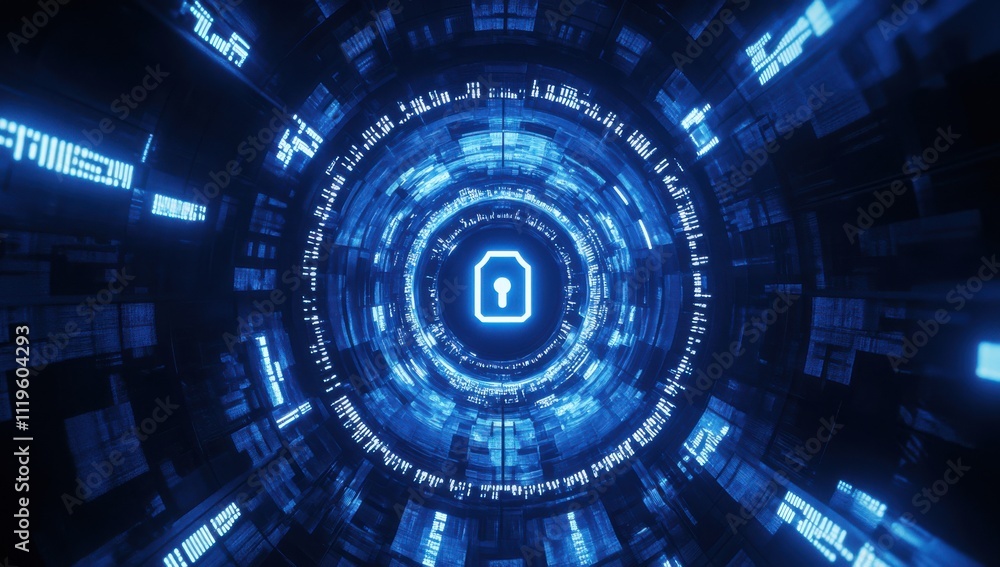 Poster abstract digital background with glowing blue lock symbol in a circular tunnel of data, representing