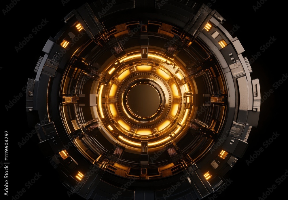 Poster Abstract futuristic design depicting a circular portal with glowing golden lights, set against a dark background, symbolizing advanced technology and innovation in a sci-fi context.