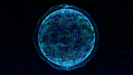 Abstract 3D sphere of neon dots and stripes. Sphere of dots and lines on dark background. Global network connection. Abstract atom. Physics and science concept. Vector illustration.