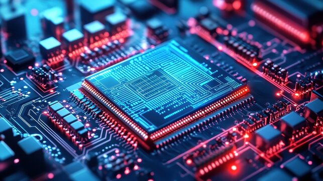 Neoninfused microchip closeup, glowing circuits emphasizing futuristic innovation in technology close up, digital core, vibrant, Blend mode, tech lab backdrop