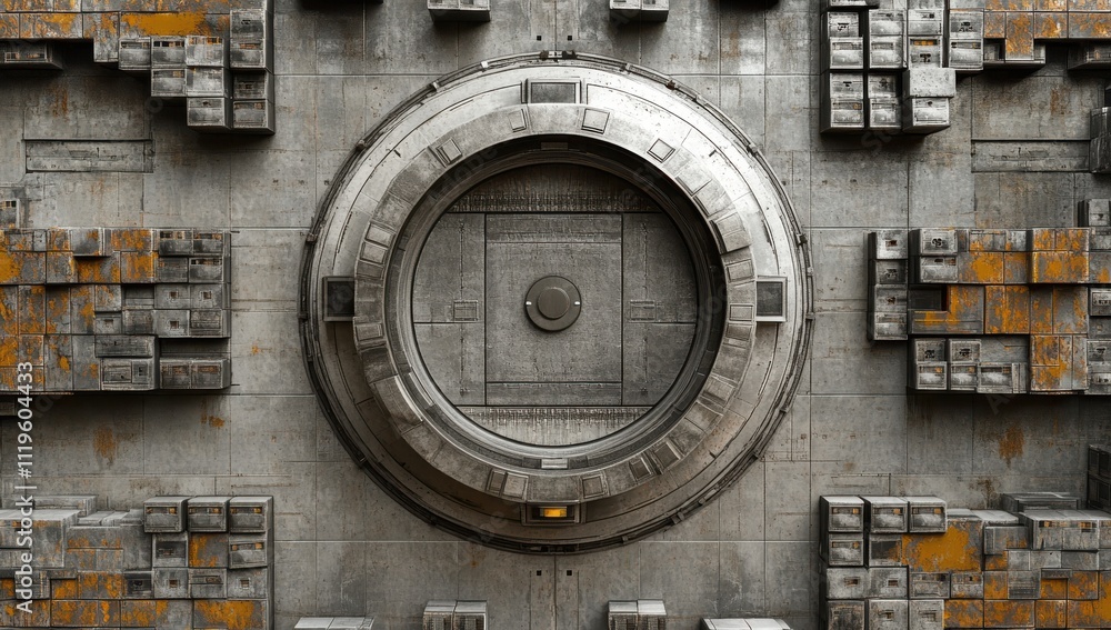 Poster abstract industrial scene featuring a large circular structure amidst a textured background of gray 