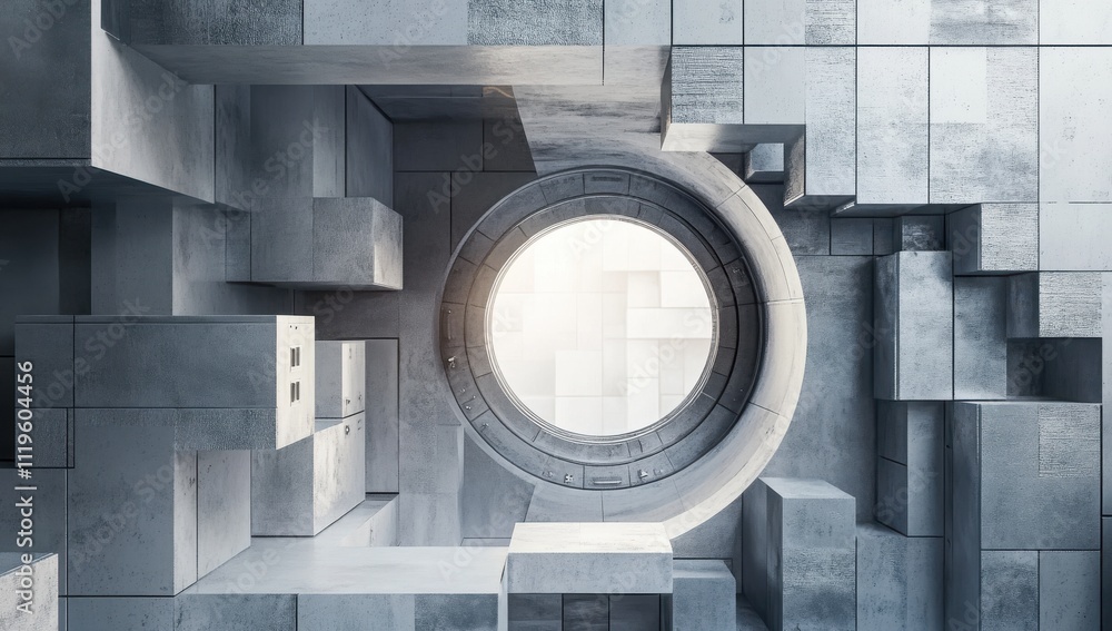 Poster Abstract geometric architecture featuring circular portal with light, showcasing textures and shapes of concrete structures in modern design aesthetic
