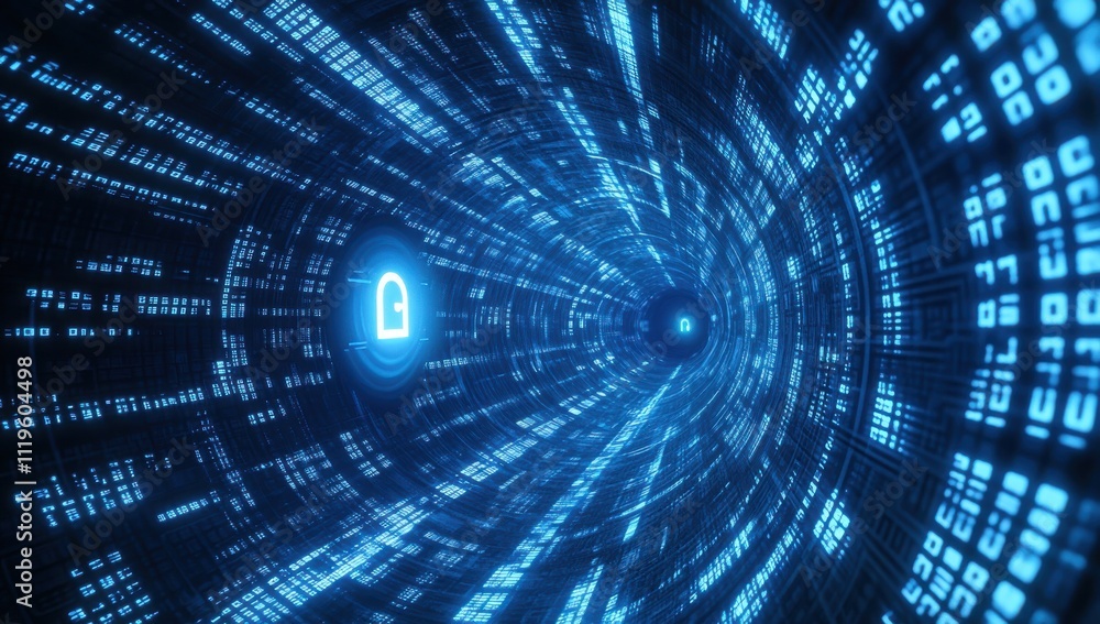 Poster abstract representation of digital security and data protection featuring a glowing lock amidst swir