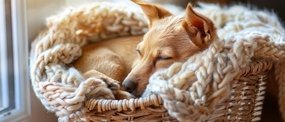 A serene dog peacefully naps in a cozy, woven basket illuminated by soft, natural light.