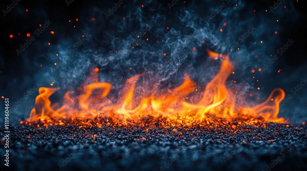 Poster bright orange flames swirl and flicker over a dark textured surface, showcasing a mesmerizing displa