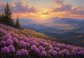 Fototapeta premium Breathtaking Landscape of Sunset Over Flowering Mountains with Vibrant Purple Rhododendrons and Majestic Peaks Under a Softly Colored Sky